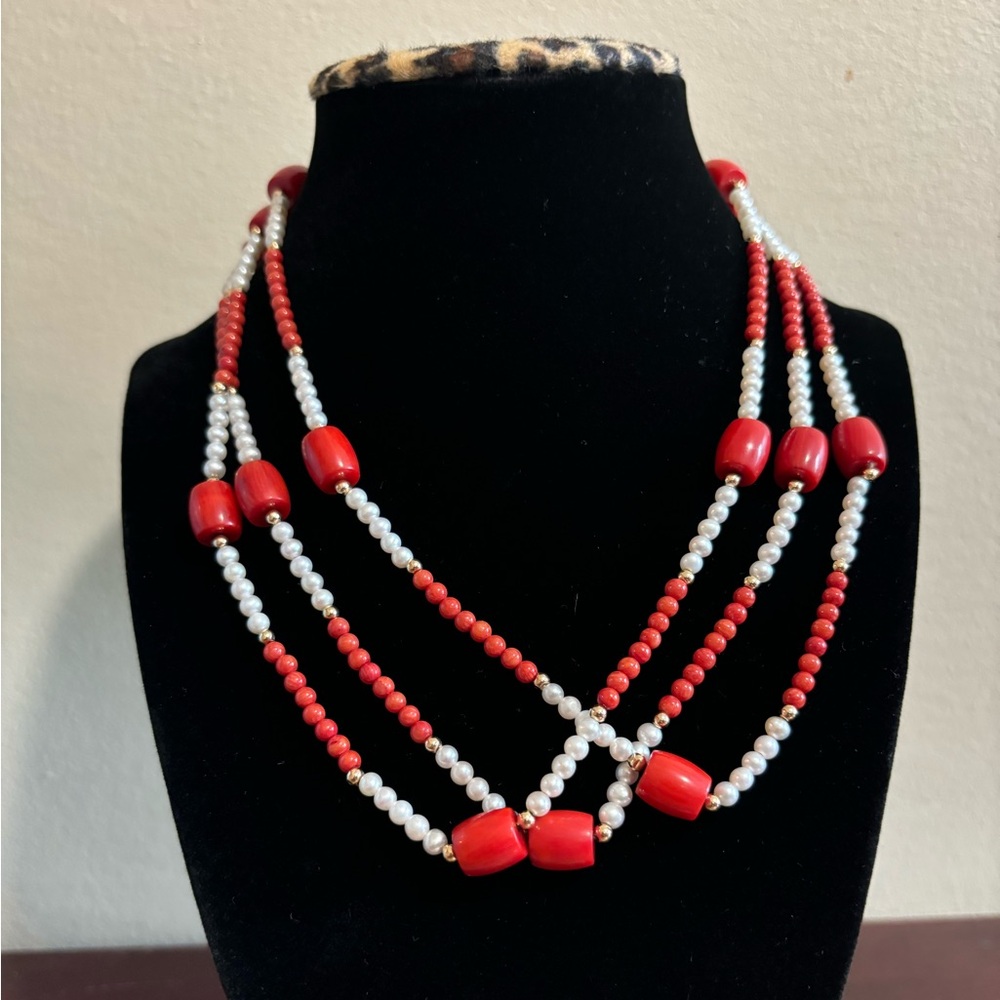 14K SOLID GOLD RED CORAL 3 STRAND PEARL NECKLACE
